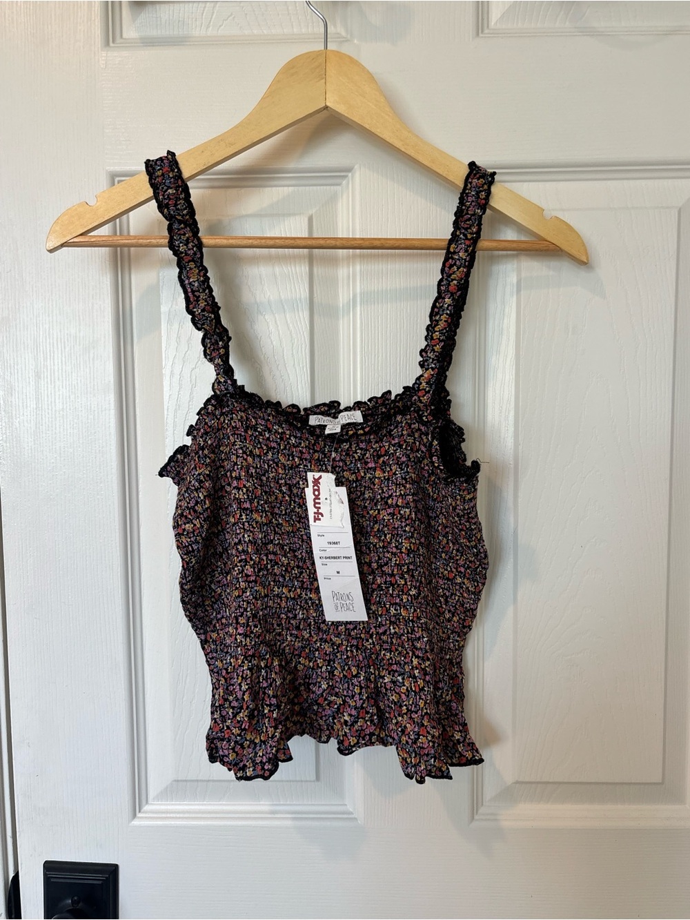 Patrons of Peace Black Smocked Dark Moody Floral Ruffle Cami